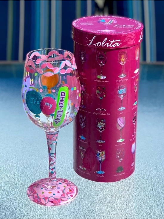 Lolita Other - Lolita Pink & Multicolor It’s My Birthday Hand Painted Wine Glass